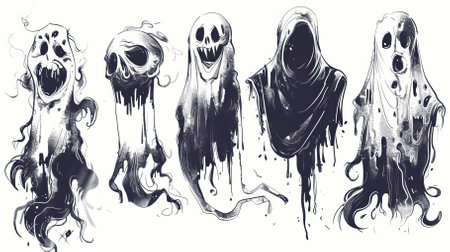 Set of scary ghosts. Vector illustration. Black and white colors.のイラスト素材