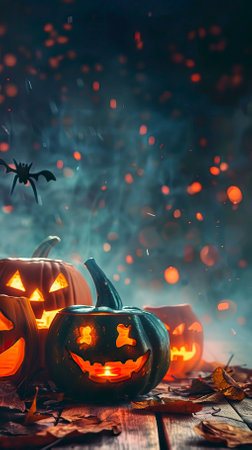 Halloween pumpkins on wooden table with bokeh background.のイラスト素材