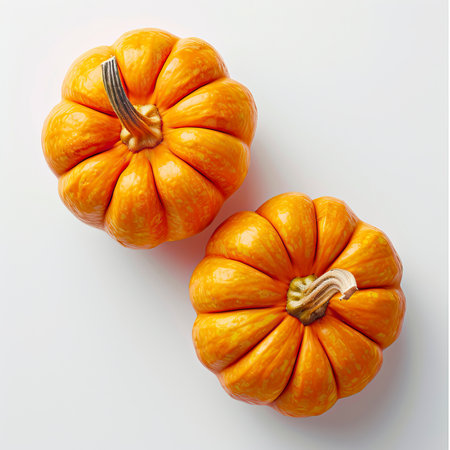 Two orange pumpkins isolated on white background. Top view. Flat lay.のイラスト素材
