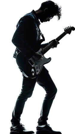 one caucasian man playing electric guitar in silhouette studio isolated on white backgroundのイラスト素材