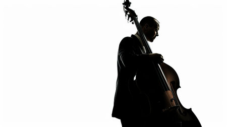Silhouette of a man playing a cello on white background