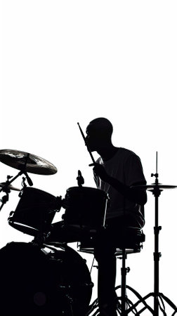 Silhouette of a man playing drums on a white background.のイラスト素材