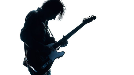 one caucasian man playing electric guitar in silhouette studio isolated on white backgroundのイラスト素材
