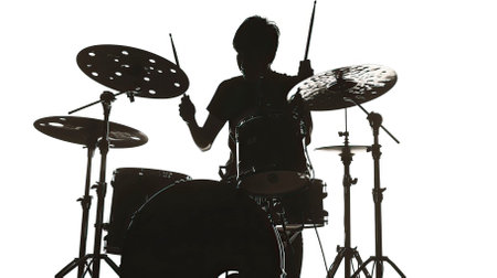 Silhouette of a female drummer playing the drums on white backgroundのイラスト素材