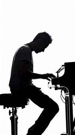 Silhouette of a young man playing the piano on white backgroundのイラスト素材