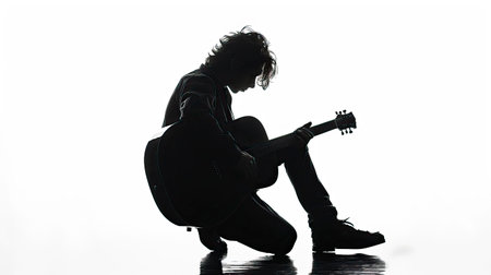 Silhouette of a young man playing guitar on white background.のイラスト素材
