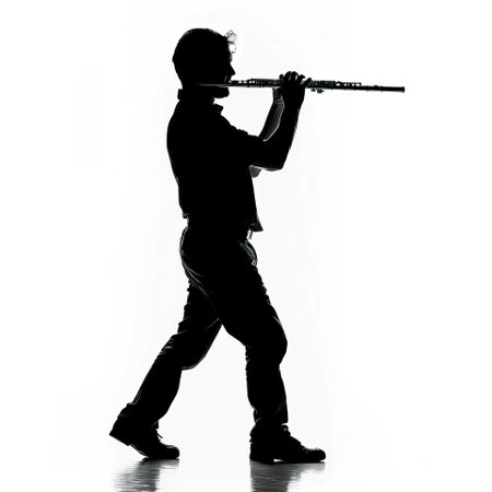 one caucasian man playing flute silhouette isolated on white background
