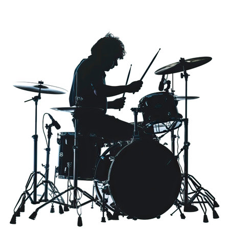 one caucasian man playing drums silhouette in studio isolated on white backgroundのイラスト素材