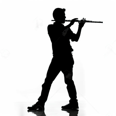 Silhouette of a male flutist on a white backgroundのイラスト素材