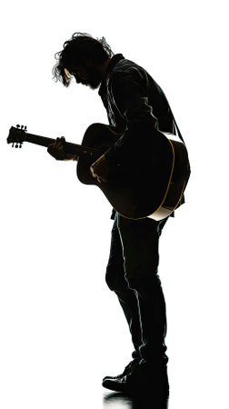one caucasian man playing acoustic guitar silhouette in studio isolated on white backgroundのイラスト素材