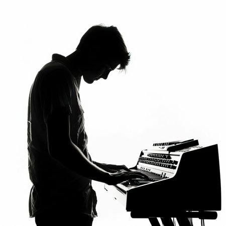 one caucasian man playing piano silhouette in studio isolated on white background