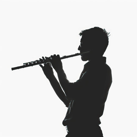 Silhouette of young man playing flute isolated on white background