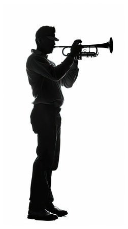 Silhouette of a man playing the trumpet on a white backgroundのイラスト素材