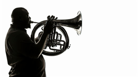 Silhouette of a man playing the trumpet on a white backgroundのイラスト素材