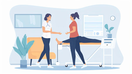 Physical therapy vector illustration. Cartoon physiotherapist doing physical therapy to patient. Physiotherapist working with patient in clinic.のイラスト素材