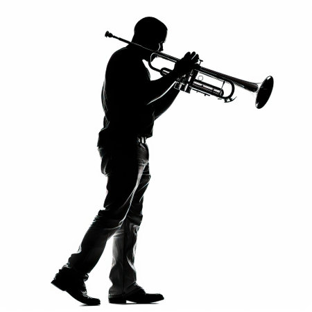 one caucasian man playing trumpet silhouette in studio isolated on white background