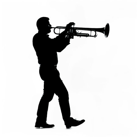 Silhouette of a man with a trumpet on a white backgroundのイラスト素材