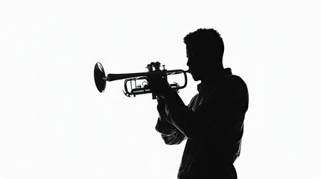 Silhouette of a male musician playing the trumpet against white background