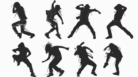 Set of silhouettes of breakdancers on a white background.のイラスト素材