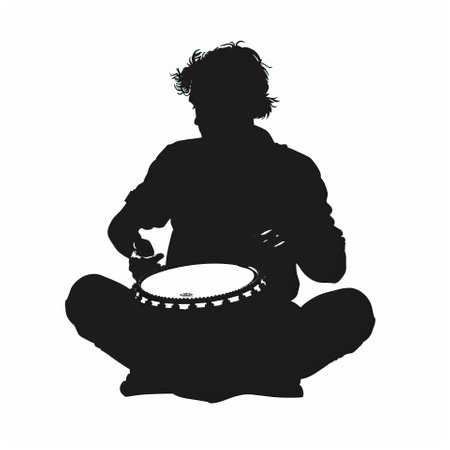 Vector silhouette of a boy with a drum on a white background.
