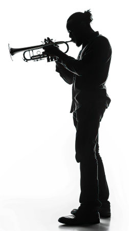 Silhouette of a man playing the trumpet on a white background