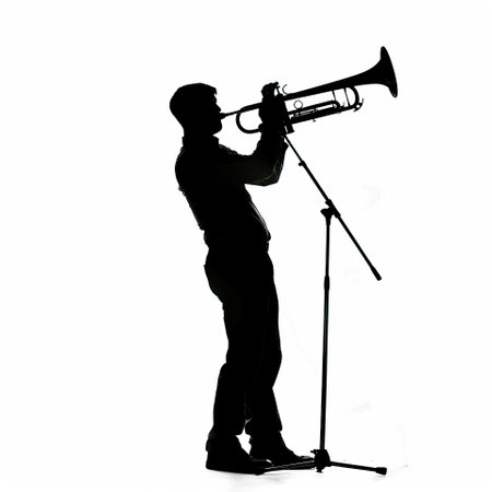 Silhouette of a musician playing the trumpet on a white background