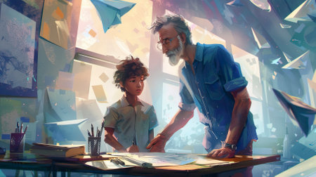Portrait of senior man and little boy working together in creative office