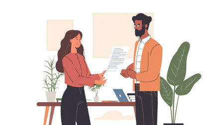 Businesswoman and businessman working together in office. Colleagues discussing contract. Teamwork concept. Vector illustration in flat cartoon styleのイラスト素材