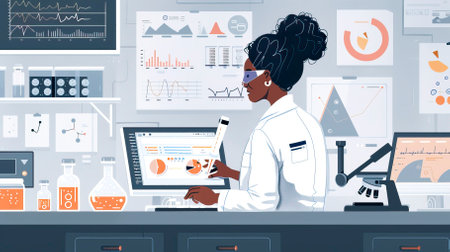 African american scientist working in laboratory. Vector illustration in flat style