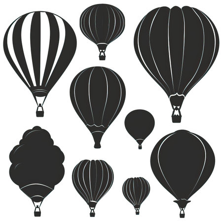 Hot air balloons set isolated on white background. Black and white vector illustration.のイラスト素材