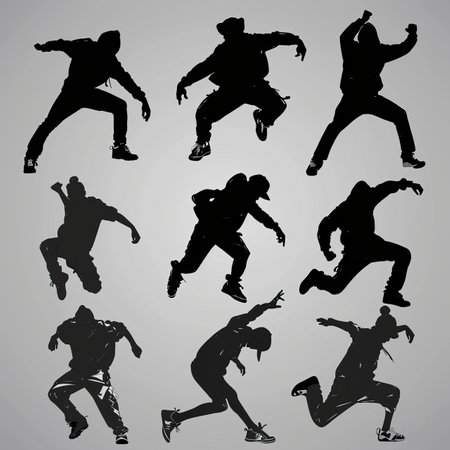 Set of silhouettes of breakdancers on a gray background.のイラスト素材