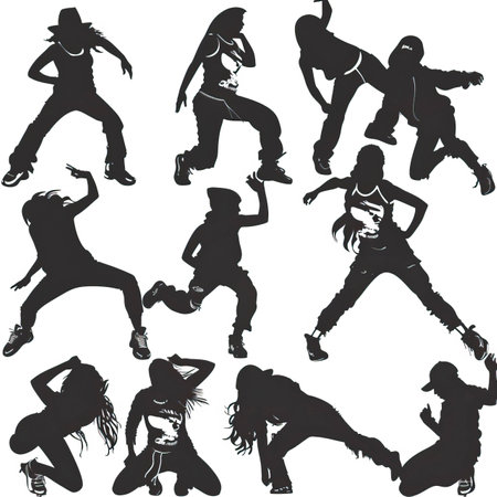 dancing people silhouettes - black and white version, vector illustrationのイラスト素材