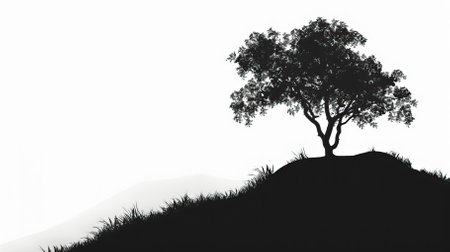 Silhouette of a tree on top of a hill against a white background