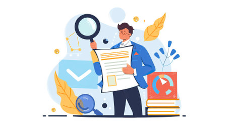 Vector illustration, flat design. Businessman with magnifying glass and documents.のイラスト素材