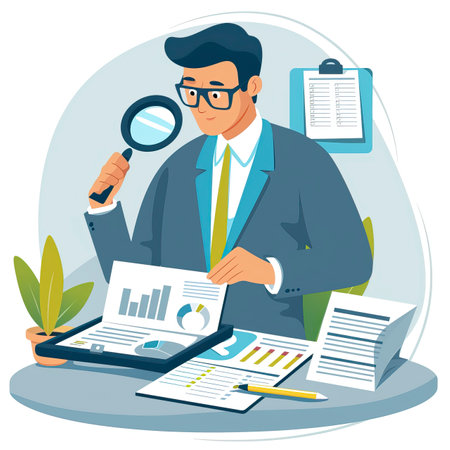 Businessman with magnifying glass analyzing financial report. Vector illustration.のイラスト素材