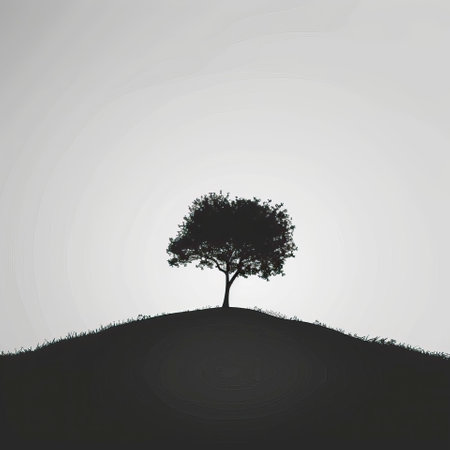 Silhouette of a tree on a hill. Vector illustration.