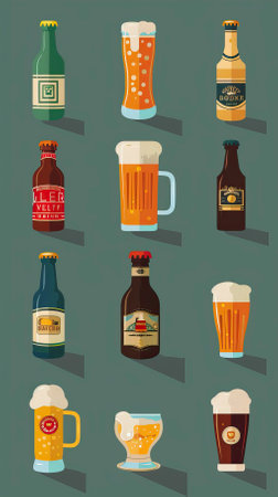 Beer icons set. Flat illustration of 16 beer icons for web designのイラスト素材
