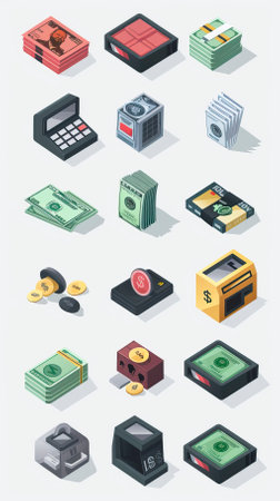 Set of money icons in isometric 3d style. Vector illustration.
