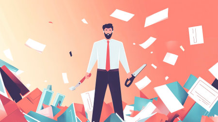 Businessman with a saw and a lot of documents. Vector illustration