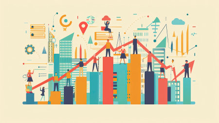 Business people working on growing graph. Vector illustration in flat style.のイラスト素材