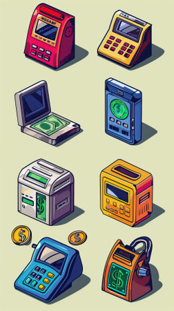 Cartoon cash machine icons set. Vector illustration of cash machine icons for web design