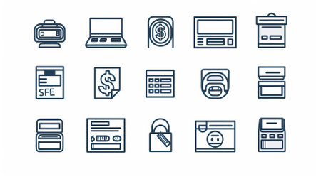 Set of computer icons in trendy flat style. Laptop, calculator, credit card, laptop, credit card, lock, safe, calculator, keypad, cash register.のイラスト素材
