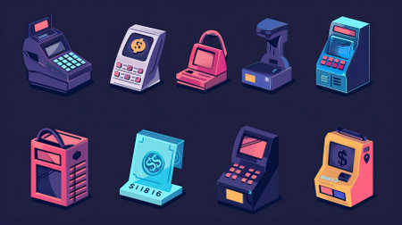 ATM and cash machine icons set, isometric 3d styleのイラスト素材