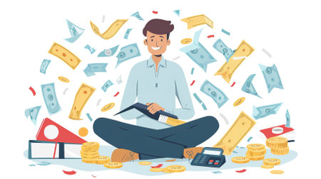 Vector illustration of a man sitting on the floor surrounded by money.のイラスト素材