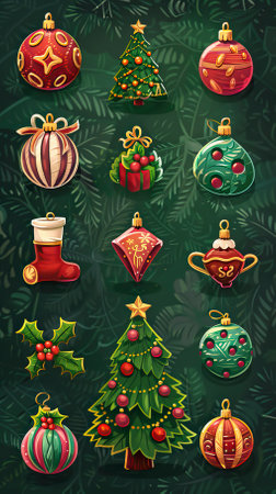 Set of christmas ornaments on green background. Vector illustrationのイラスト素材