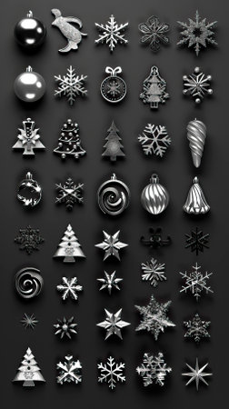 Merry Christmas and Happy New Year. Set of silver ornaments on black background. 3D illustration.のイラスト素材