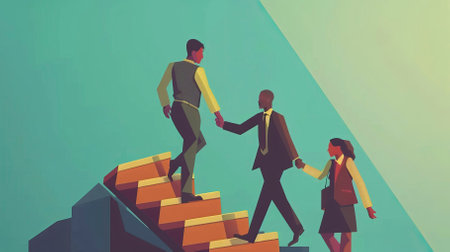 Businessman and businesswoman walking up the stairs to success. Concept business vector...