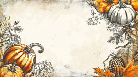 Autumn background with pumpkins and leaves. Hand drawn watercolor illustration.のイラスト素材