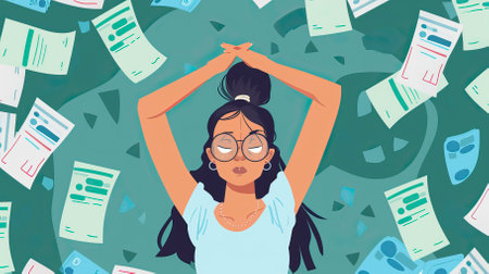 Vector illustration of a young woman in the office with a lot of documentsのイラスト素材