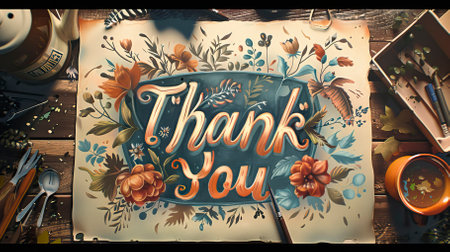 Thank You Hand Lettering with Flowers and Art Supplies on Wooden Table